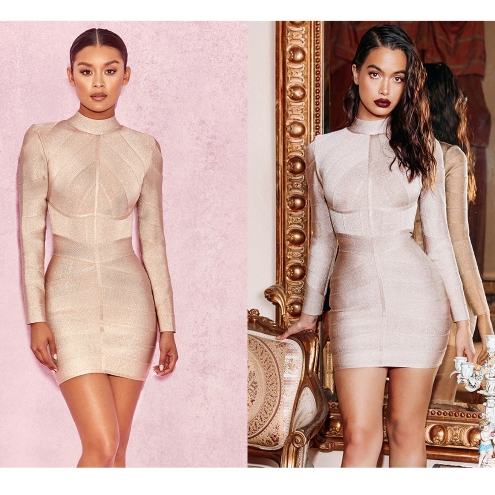 House Of CB, 'Navaz' Beige Lurex Panelled Bandage Dress,  Size XS